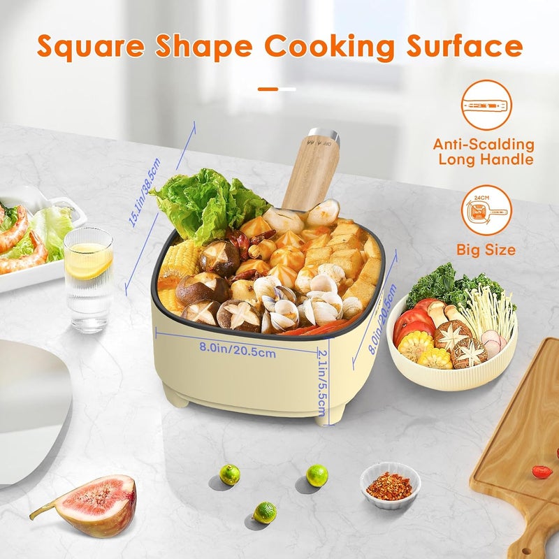 Audecook Hot Pot Electric 2L, Cermic Glaze Non-Stick Frying Pan 8 Inch, Portable Travel Cooker for Ramen/Steak/Fried Rice/Oatmeal/Soup, with Dual Power Control (Silicone Spatula Included) - Image 5